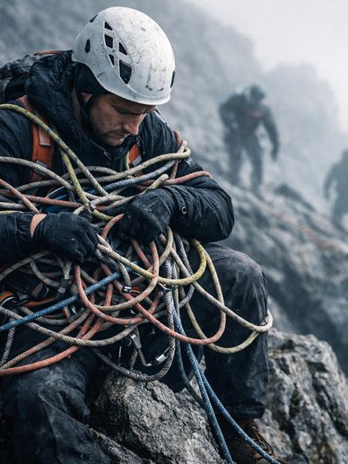 Climber managing ropes on rocky terrain with team in foggy background.