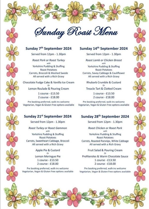 Sunday roast menu for September 2024 with different dishes each week.