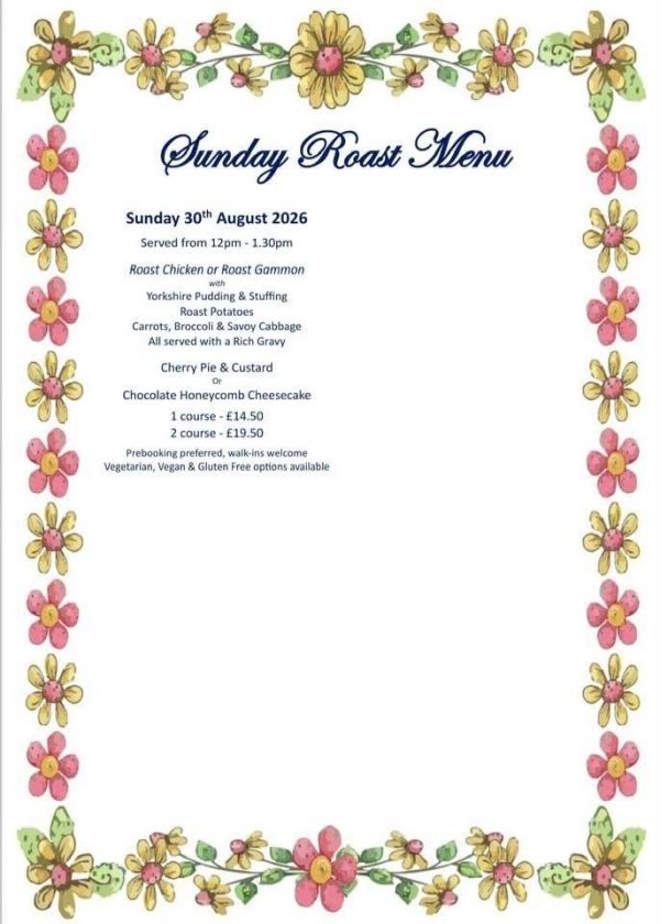 Sunday Roast Menu for August 30, 2026, featuring roast chicken or gammon.