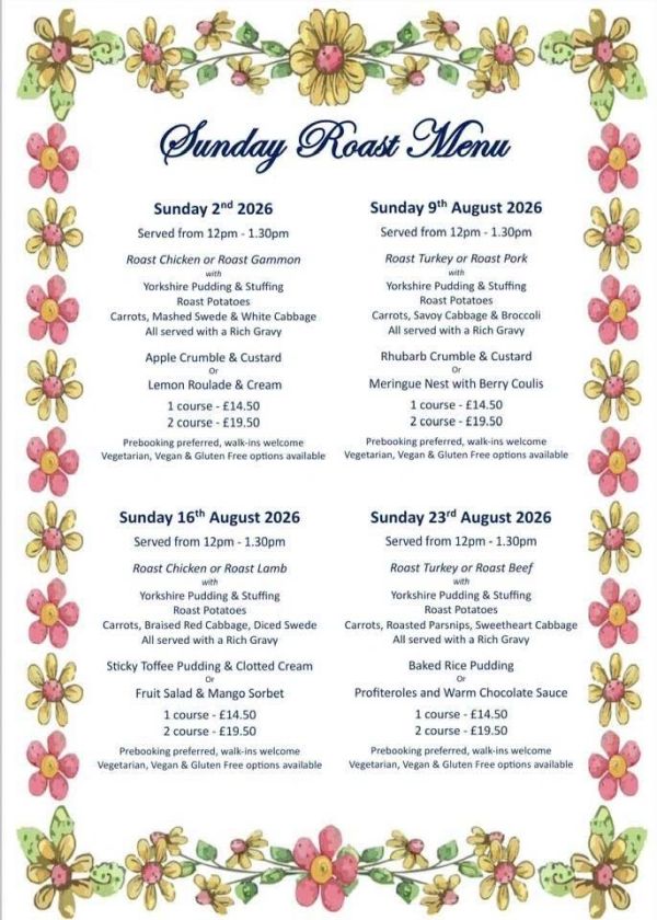 Sunday Roast Menu for August 2026 with various roast options and desserts.