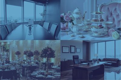 A modern office, elegant tea set, and a decorated event setup.