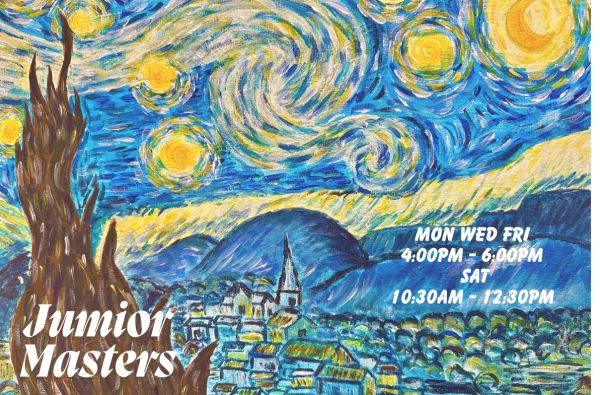 Art class schedule on a Van Gogh-style painting background.