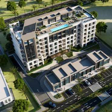 Modern residential complex with rooftop pool and greenery.