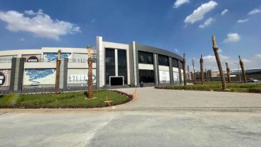 Modern commercial building with palm trees and clear sky.