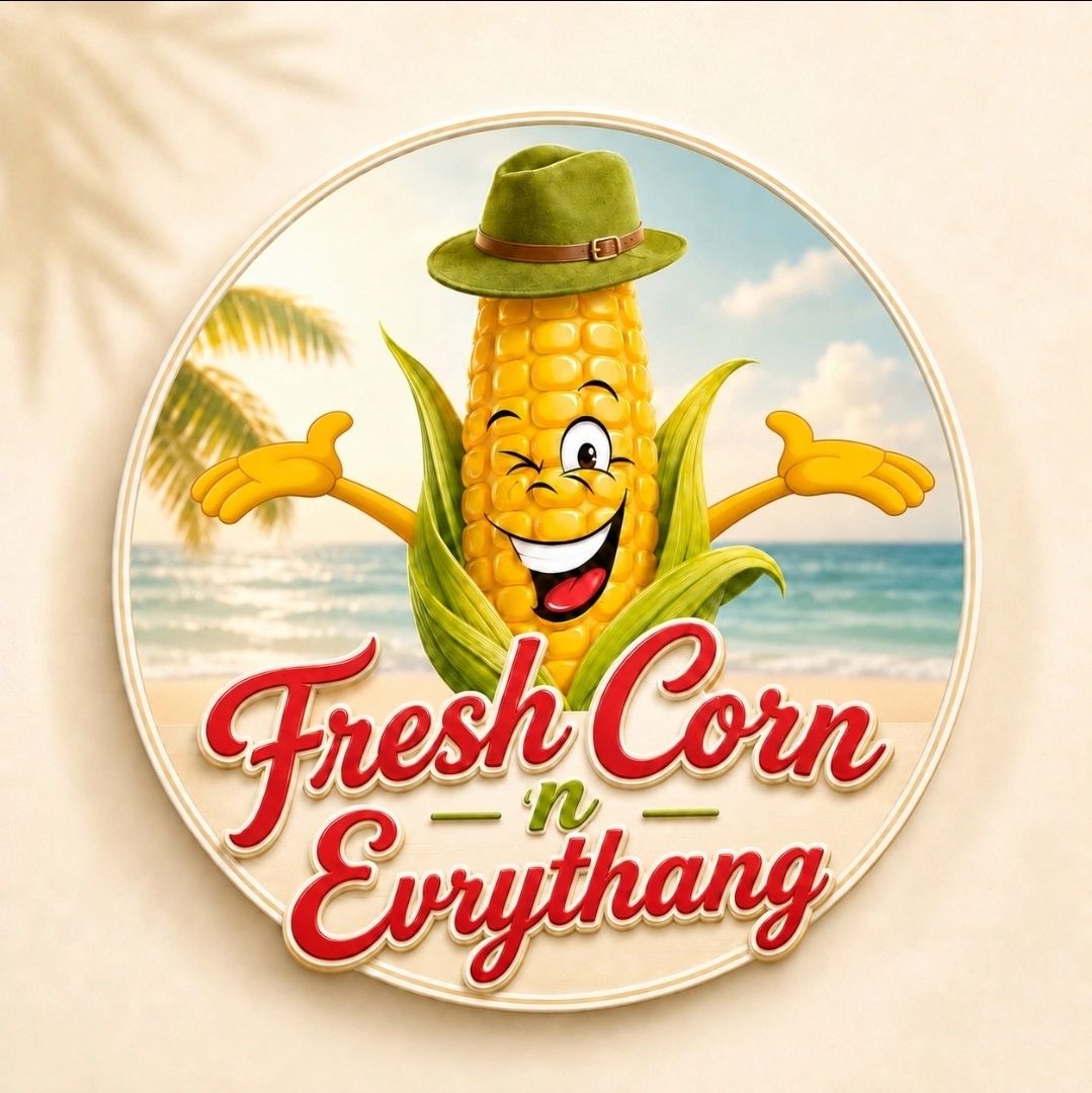 Corn logo on the beach with Fresh Corn n Evrythang in writing.