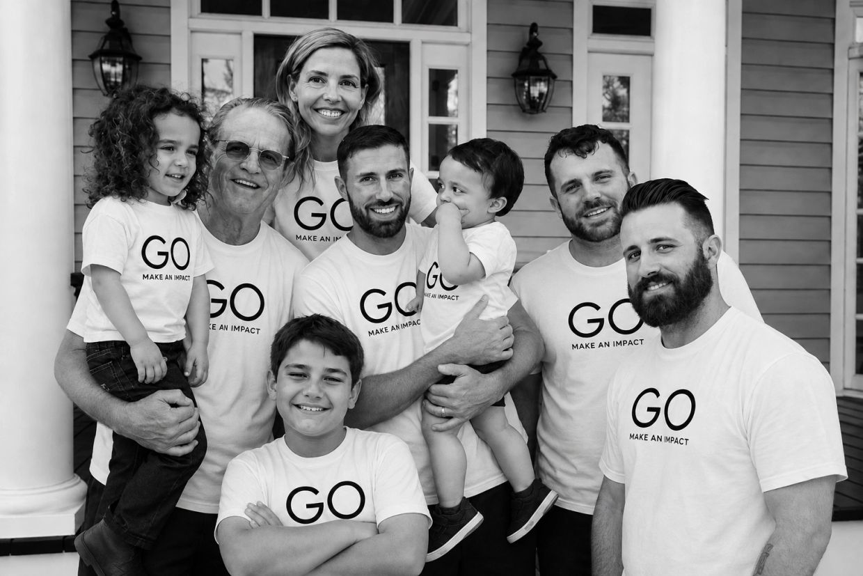 Family wearing matching "GO Make An Impact" shirts smiling together.