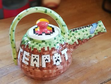 Minecraft inspired teapot hand painted in underglaze colours
