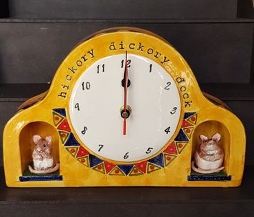 Yellow Hickory Dickory Dock Clock with two mice in doorways each side of the clock face