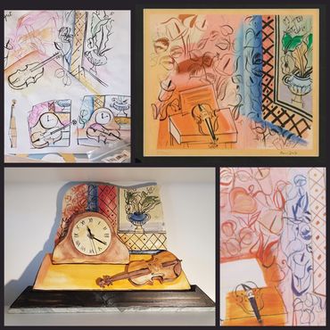 Christine's clock, a commission, with drawings and Dufy print it was inspired by