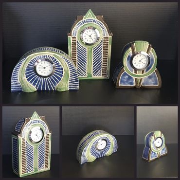 Group of miniature clocks in blue