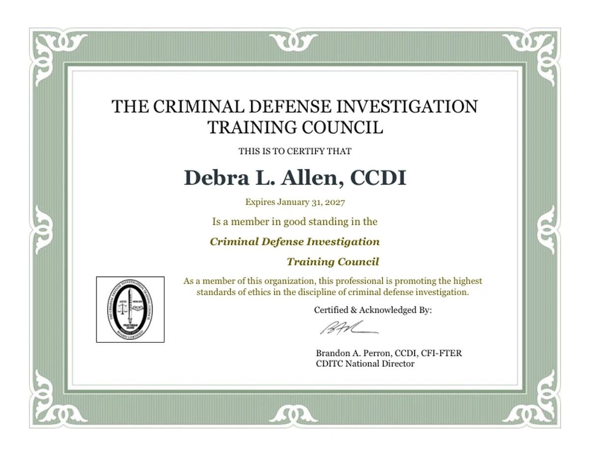 Criminal Defense Investigator certification (CCDI) for Debra Allen of 808 Investigations in Hawai'i