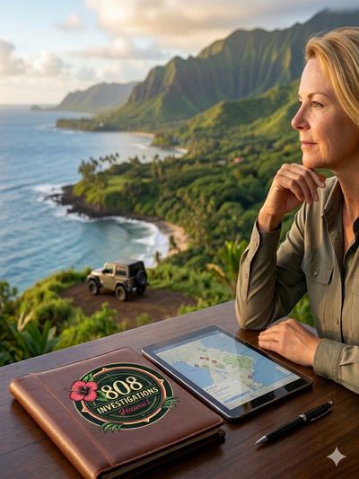 Female Private Investigator reviewing case documents and GPS digital mapping for surveillance