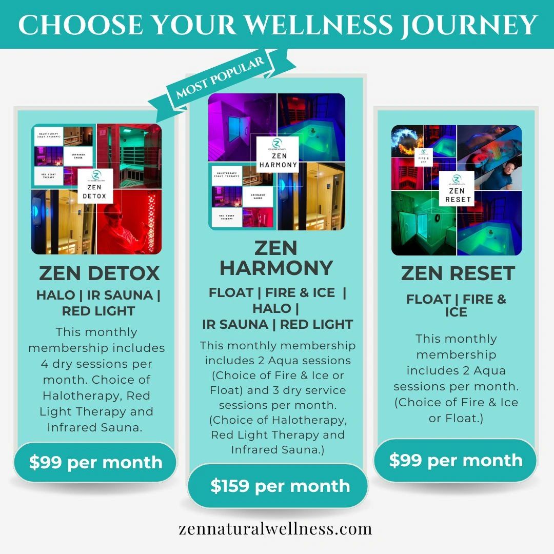 ZEN Natural Wellness memberships for Float cold plunge sauna halotherapy sauna or red light therapy