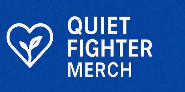 Logo with a heart and plant icon alongside the text 'Quiet Fighter Merch' on a blue background.