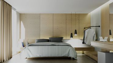 Modern bedroom with wooden accents, pendant lights, and neutral tones.
