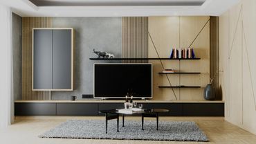 Modern living room with minimalist TV setup and wooden accents.