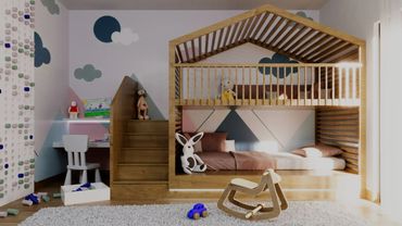 Cozy kids' bedroom with wooden bunk bed shaped like a house and playful decorations.