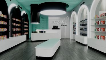 Modern pharmacy interior with sleek white shelves, blue ceiling, and illuminated arches.