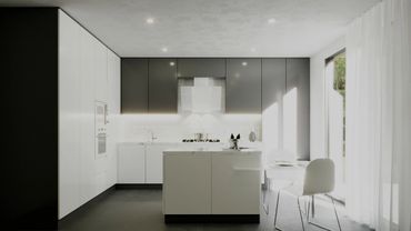 Modern kitchen with sleek black and white cabinetry and a central island.