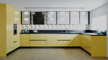 Modern yellow kitchen with black countertops and geometric backsplash.