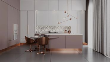 Modern kitchen with white cabinets, marble backsplash, and copper-accented stools and fixtures.