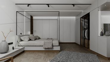 Minimalist bedroom with a modern four-poster bed and sleek storage units.