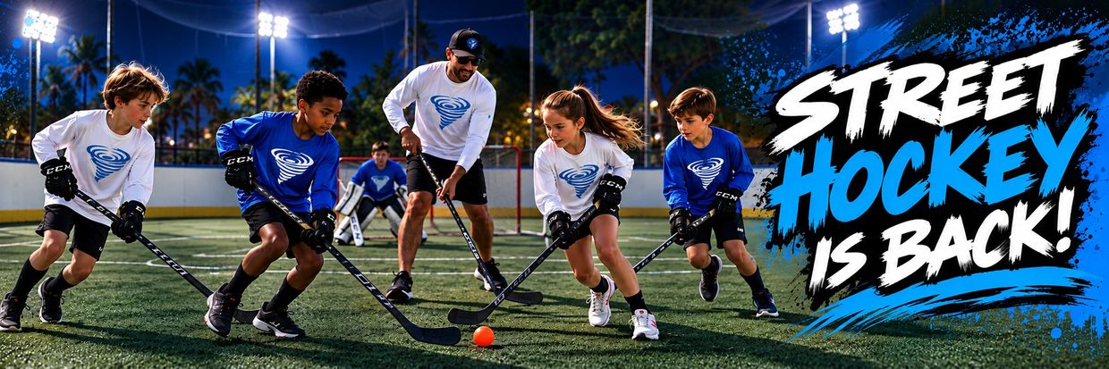 Kids playing street hockey at night.