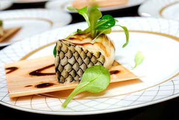 Gourmet fish fillet with skin on, garnished with greens and served on an elegant white plate