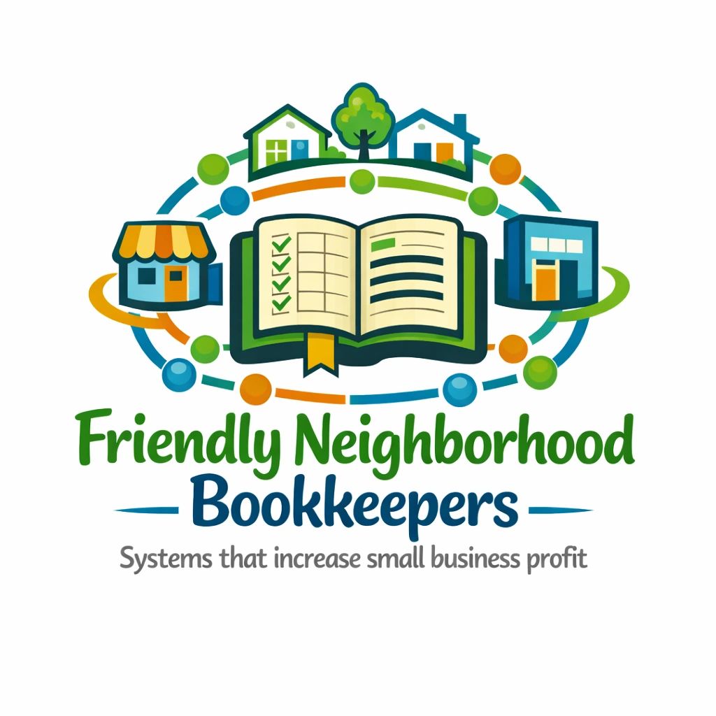Logo for Friendly Neighborhood Bookkeepers with houses and businesses surrounding a checklist book.