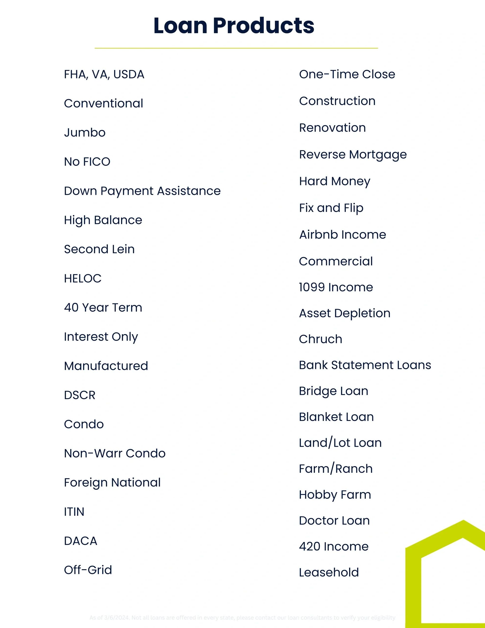 A selection of mortgage products offered by Elyk Mortgage Group. 300+ options.
