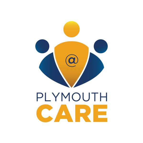 Logo for Plymouth Care featuring three stylized figures in blue and orange.