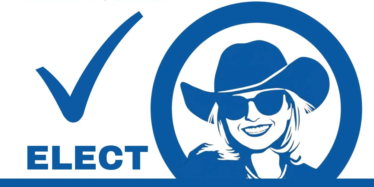 Campaign poster with a woman in sunglasses and a hat.