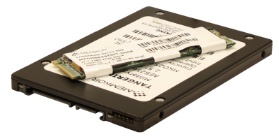 Solid state drive with a ribbon cable on top.