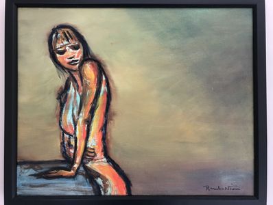 Abstract painting of a woman sitting and leaning on a surface.