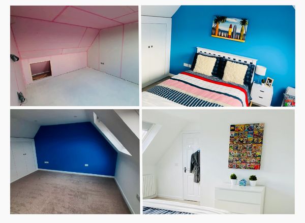 Loft conversion into boys' bedroom. before  and after