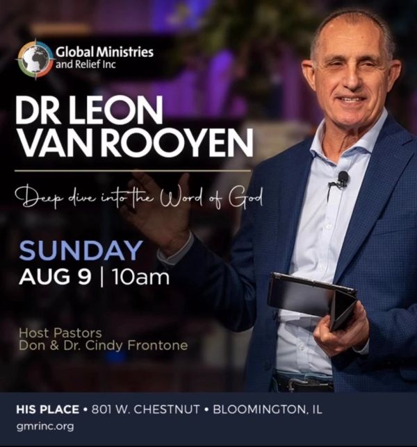 Dr. Leon Van Rooyen preaching on August 9 at His Place, Bloomington, IL.