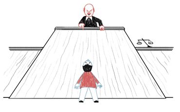 Illustration of a judge pointing accusationly at a man.