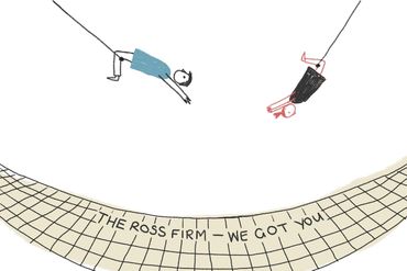 Illustration of two people swinging on a trapeze.