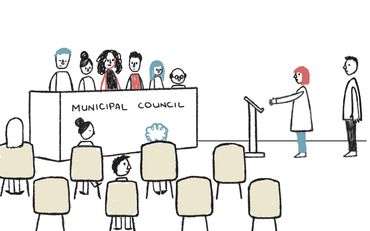Illustration of a municipal council meeting.