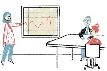 Business person showing a declining graph to a board.