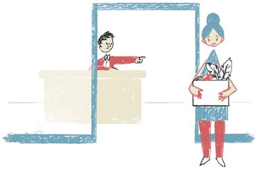 Illustration of a woman holding a box and a man at a desk in the background, signalling her to leave