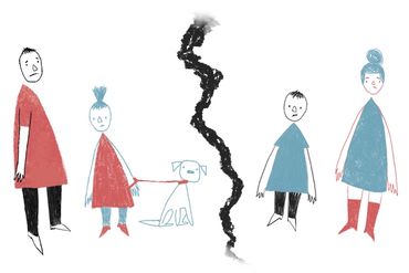 Illustration of a family of four with a large fissure appearing in the middle.