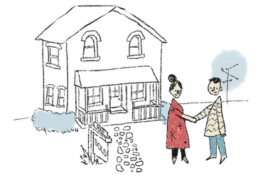 Illustration of two people shaking hands in front of a house.