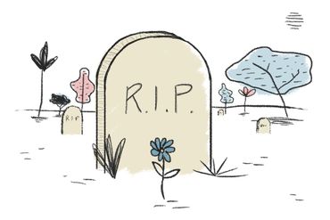 Illustration of a headstone and daisy growing in front of it.