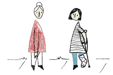Illustration of two individuals on a side walk, one with a cast on their foot and crutch.