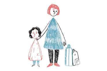 Illustration of a woman with a young child and two suitcases.