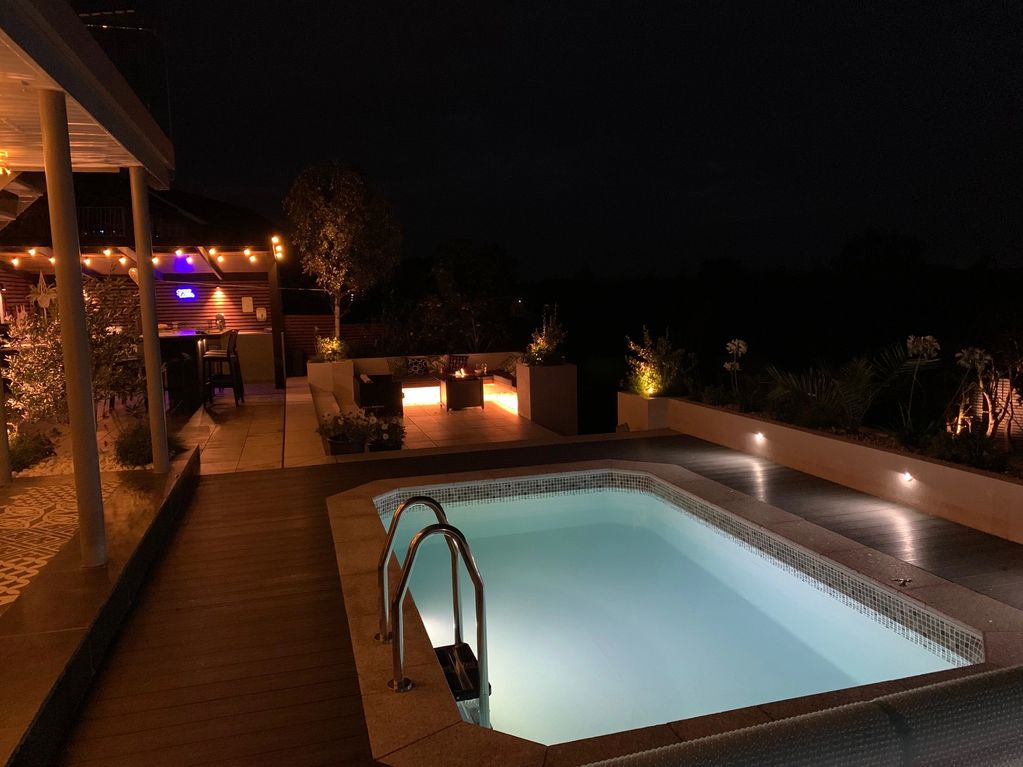 Swimming pool, outdoor kitchen, garden electrics and lighting.