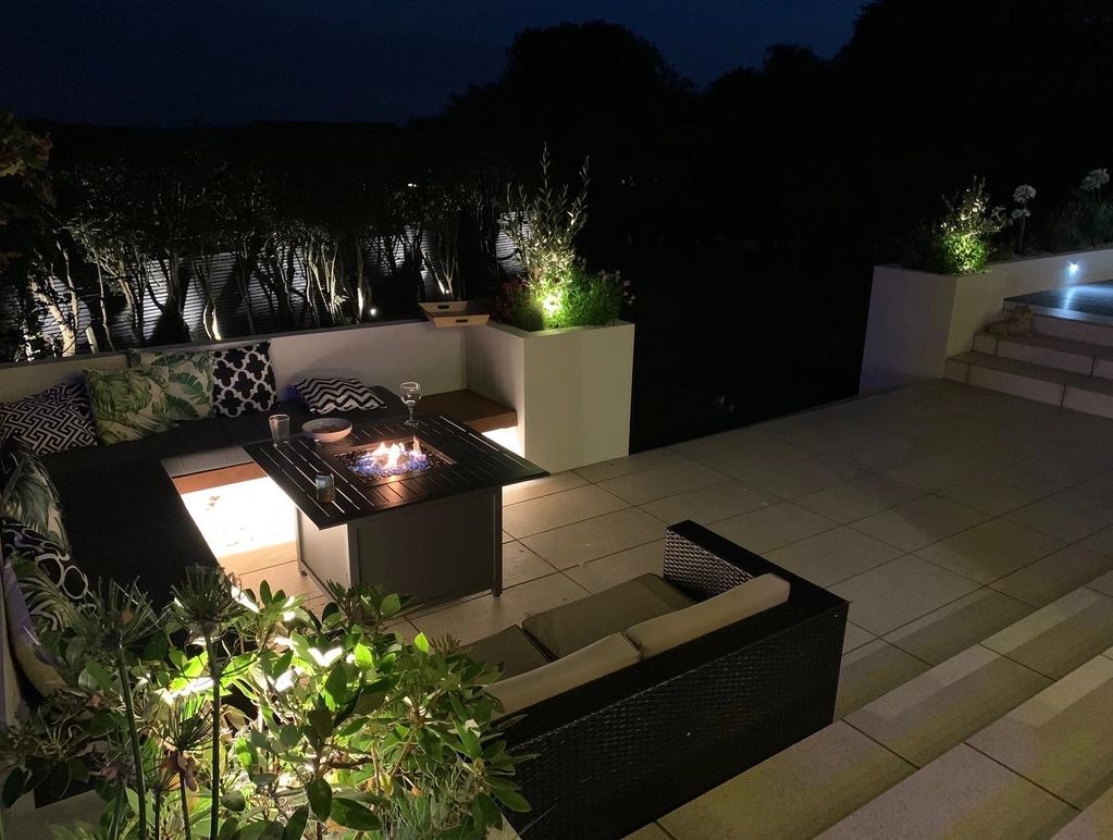 Garden feature lighting using LED strip and low voltage up lighting.