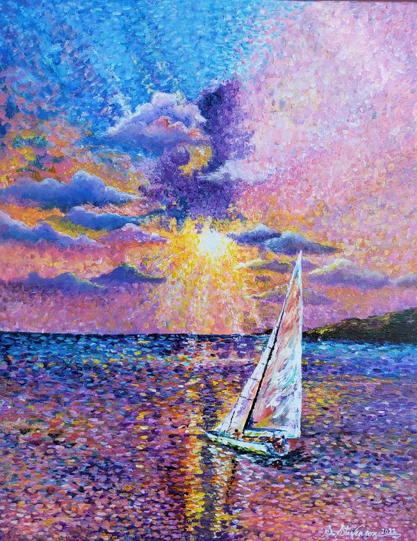 Sunset with Sailing Boat, pointillism style