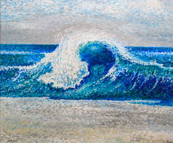 North Shore Big wave Hawaii, pointillism painting style